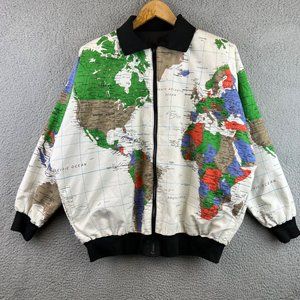 Vintage Cache World Map Globe zip up bomber jacket 80s M